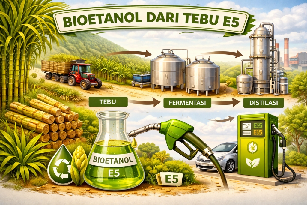 Ilustrasi bioetanol dari tebu. Sumber: AI.
