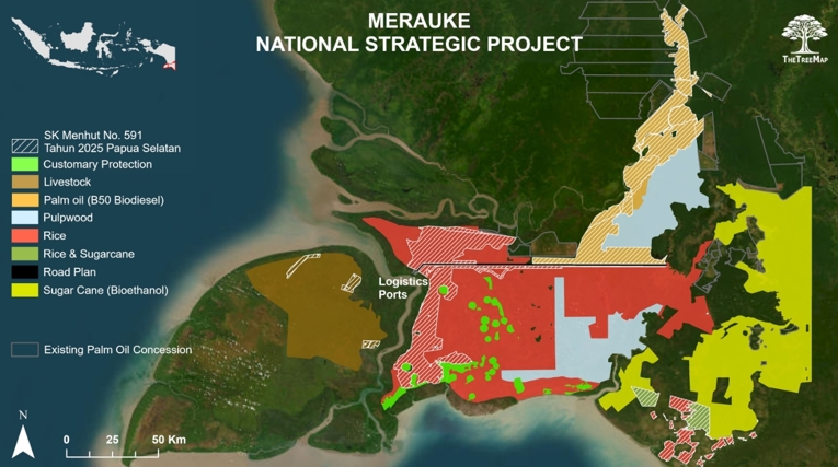 Peta PSN Merauke di Papua Selatan seluas 2,32 juta hektare, mencakup alokasi lahan untuk padi, tebu, sawit, pulp dan kertas, dan infrastruktur. 