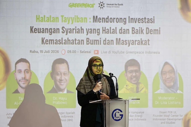 Ketua Proyek Ummah for Earth GP Indonesia Riska Rahman dalam diskusi publik di Jakarta, Rabu (15/07/2026). Dok. Dhemas Revianto/Greenpeace
