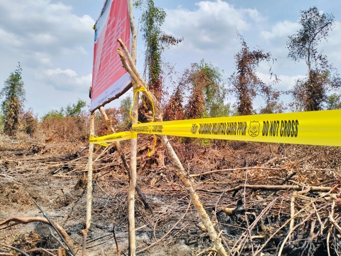 KLH memasang plang garis di lokasi kebakaran yang terjadi di konsesi perusahaan sawit PT Bintang Harapan Palma, OKI, Sumsel. Sumber: Humas KLH