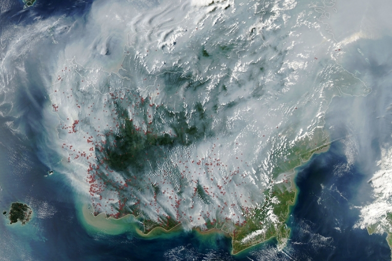 Peta kebakaran Indonesia yang diambil oleh instrumen MODIS di atas satelit Aqua NASA pada 1 September 2026. Sumber: NASA Earth Observatory.