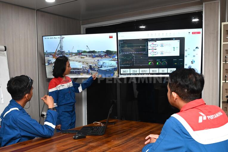 Para petugas Pertamina sedang memantau pelaksanaan injeksi CO2 di Lapangan Sukowati, menggunakan sistem digital. Sumber: Pertamina.