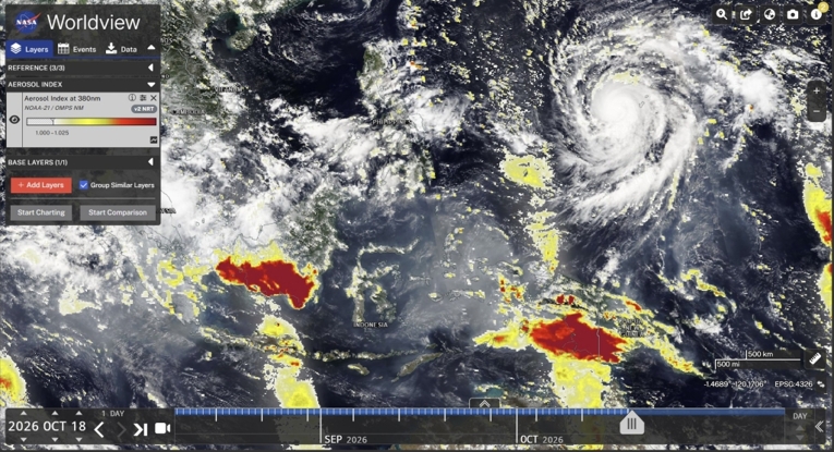 Rona yang menandakan tingkat ketebalan kabut asap yang dihasilkan kebakaran di Indonesia. Sumber: NASA Worldview.