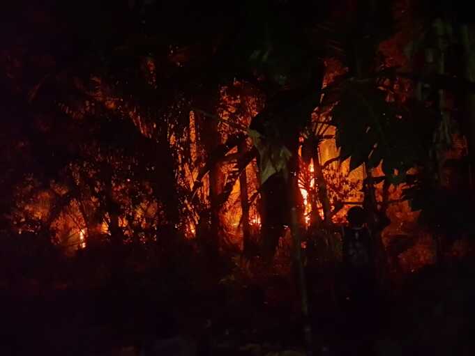 Kebakaran hutan dan lahan yang terjadi hingga malam hari di Kampung Kawaf, Teluk Bintuni. Sumber: Istimewa.