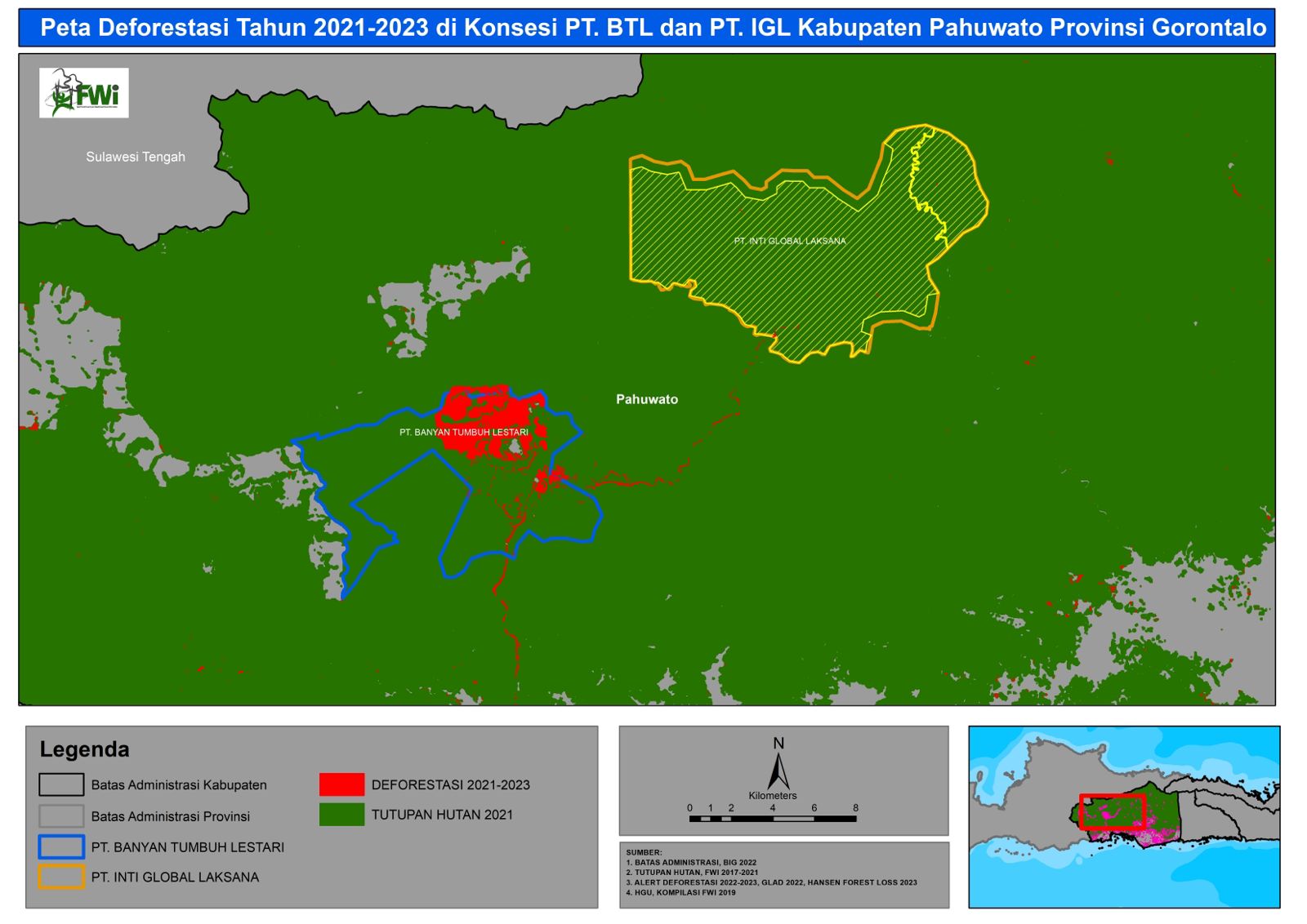 Peta deforestasi di konsesi PT BTL dan PT IGL di Pahuwato, Gorontalo. Data: FWI 