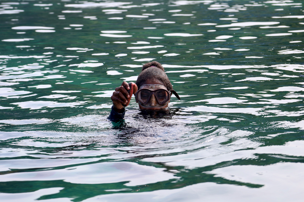 Seorang perempuan dari Kampung Kapatcol, Misool Barat, Raja Ampat, Papua Barat Daya, melakukan penyelaman untuk mengambil biota laut. Dok Adia Puja Pradana/YKAN